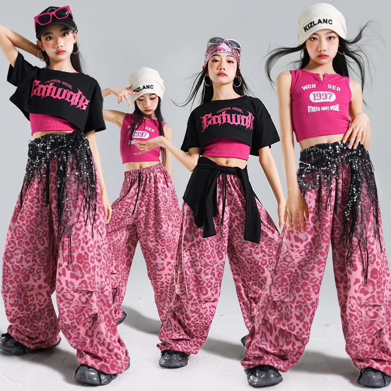 Mädchen K-pop Crop Top Hip Hop Rosa Leopard Cargo Hosen Kleidung Kinder Street Dance Mädchen Gruppe Bühne Kostüme kinder Streetwear