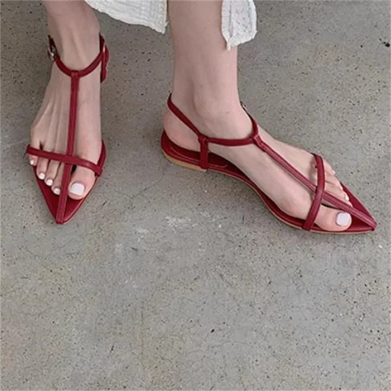 Crossover Straps Shoes for Womens Pointed Toes Ladies\' Low Heels Buckle Female Sandals Sewing Lines Chassure PU Leather Femme