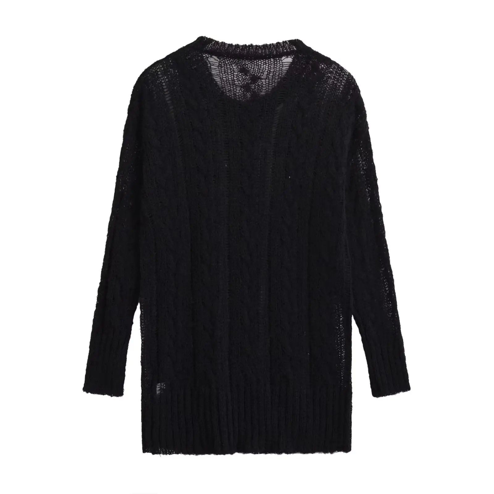 

Withered French Country Style Lazy Women's Knitted Sweater Round Neck Black Hollow Loose Long Sleeve Sweater for Women