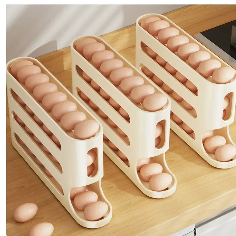 4 Layers Automatic Rolling Egg Holder Rack - Kitchen Fridge Egg Storage Box Organizer Dispenser - Plastic Refrigerator Container