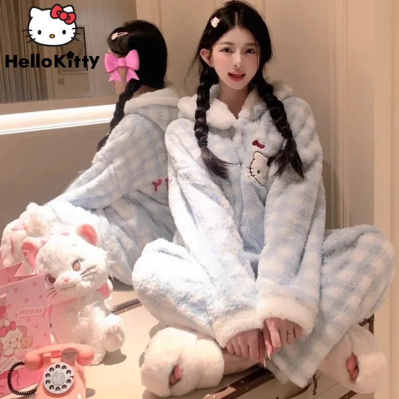 Sanrio Hello Kitty Hooded Thick Coral Velvet Sleepwear Japanese Style Y2k Sweet Girl Home Clothes Kawaii Fashion Warm Pajama Set