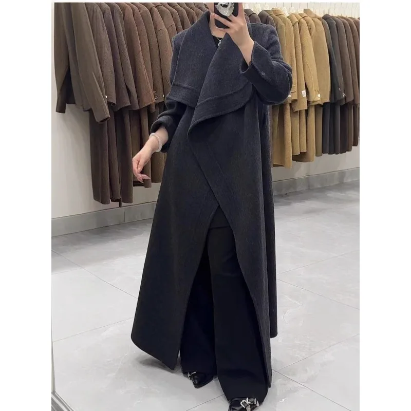 

Высококачественная женская одежда, осенне-зимнее новое двустороннее шерстяное пальто с узором по краям, темпераментное свободное длинное шерстяное пальто на шнуровке