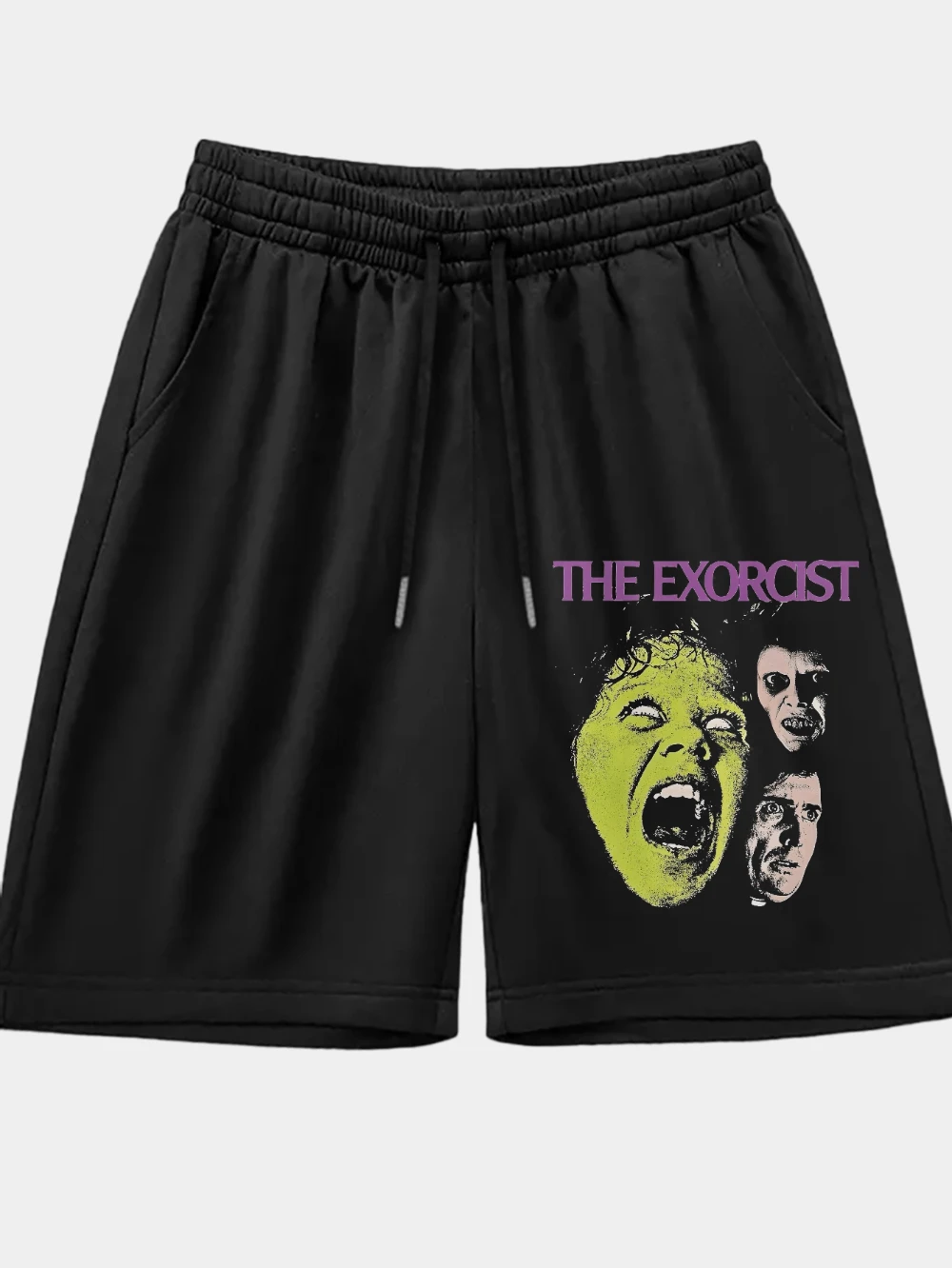 Short imprimé film d'horreur pour hommes avec design exorciste – Short de sport toutes saisons avec visage vert et lettrage violet