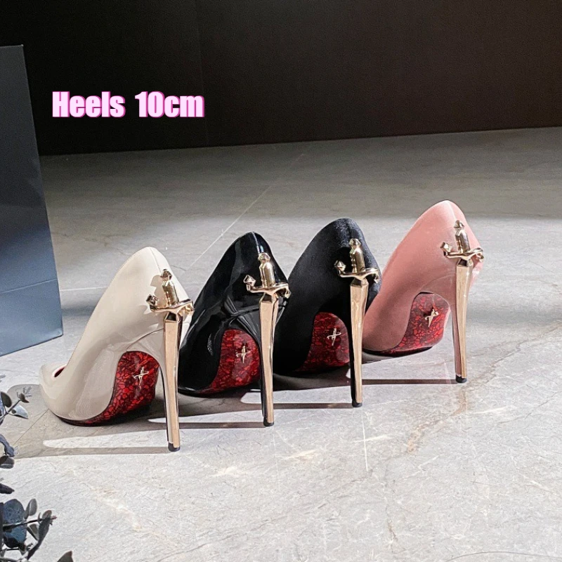 Luxury Women Patent Leather High Heels Metal Scepter Decor Pointed Toe Stiletto Pumps 8-10CM Elegant French Party Shoes Zapatos