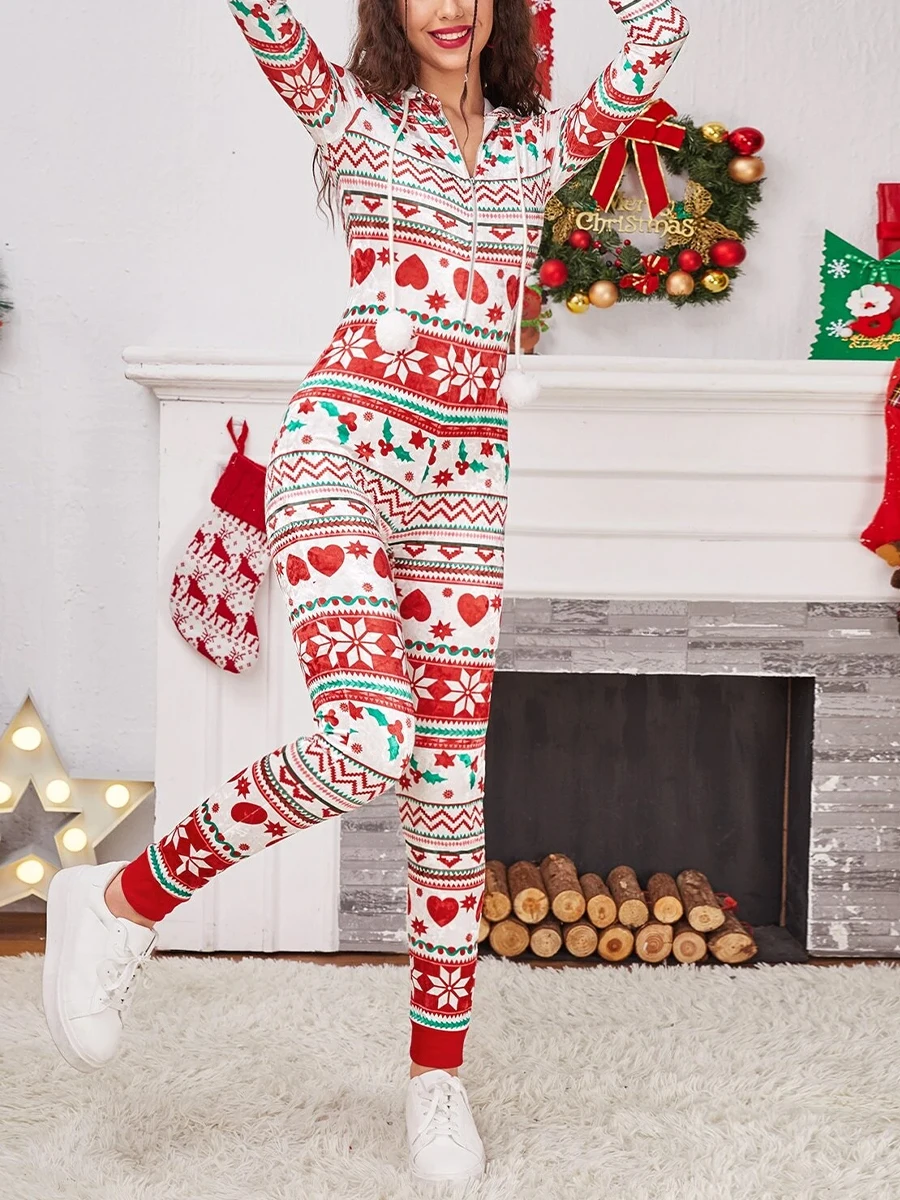 2023 Christmas Outfits Women\'s Long Pajama Romper Long Sleeve Drawstring Heart Star Print Jumpsuit Pajama Lounge Nigntwear