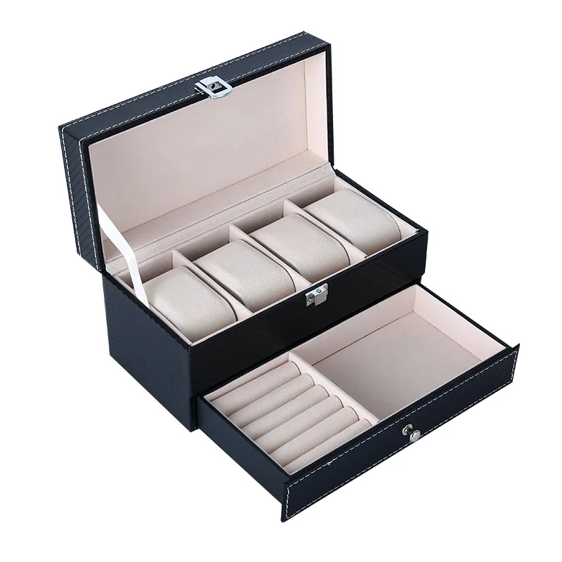 WellZone Double-Deck Black/White Magnetic Top Watch Box 4 Slots PU Leather Jewelry Organizer Travel Display Case for Men/Women