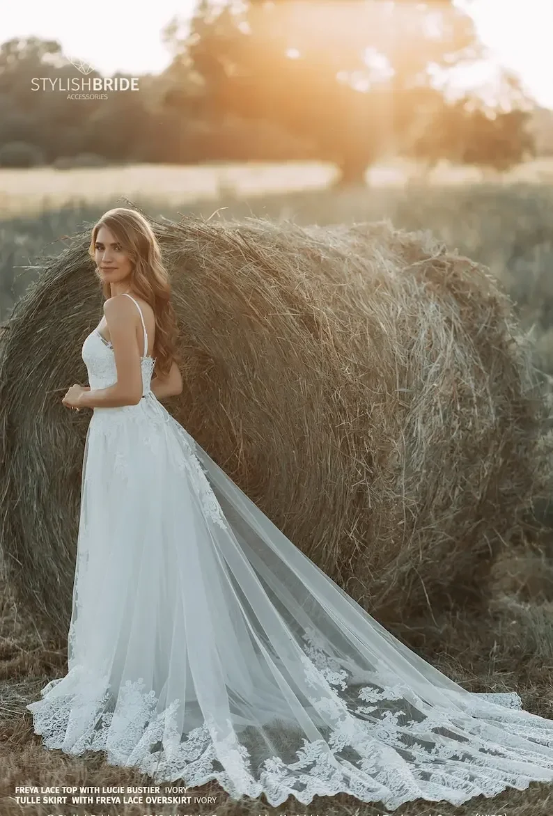 Overskirt personalizado com incrível borda de crina grande trem luxo artesanal renda sobre saia vestido de noiva elegante coleção de noivaaccs