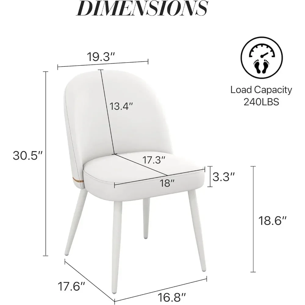Set di 2 sedie da pranzo moderne in pelle PU, sedie da cucina imbottite, sedie laterali senza braccioli con schienale curvo e metallo bianco Le