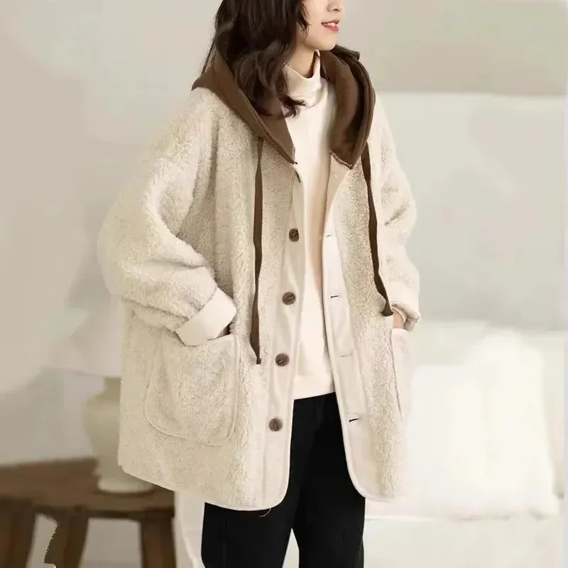 Koreanische Damen Join Together Kapuzen-Lamm-Plüschjacke, Herbst-Winter, weiblich, mittellang, Stile, Mantel, große Baseball-Outwear