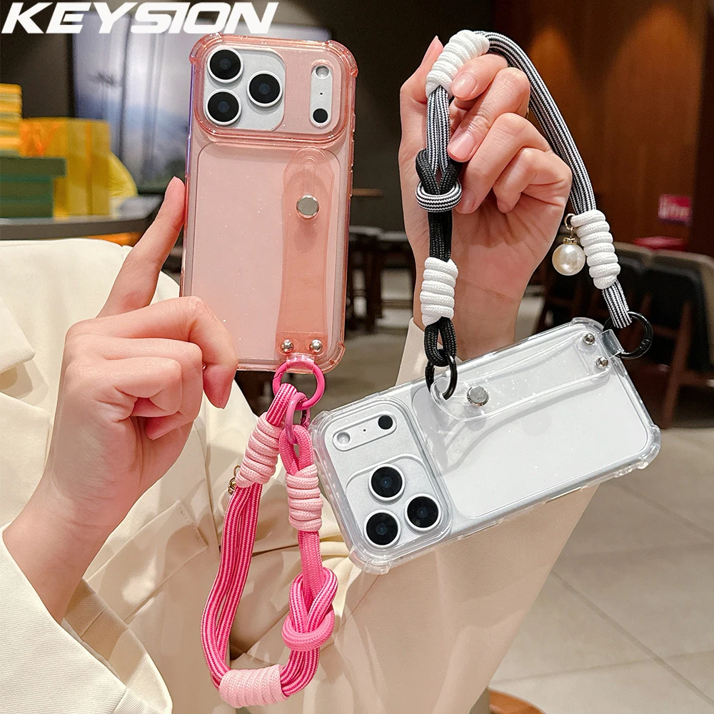 

Прозрачный чехол KEYSION с ремешком-подставкой для iPhone 13 14 15 16 17 Pro Max 17 Air 16e с шнурком, противоударная задняя крышка