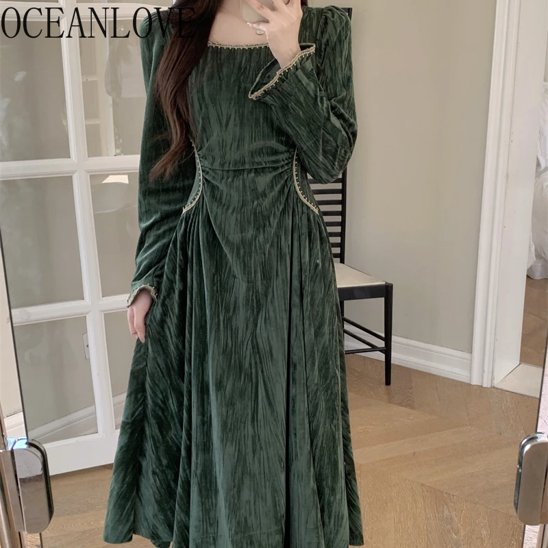 OCEANLOVE Dark Green Velvet Women Dresses Square Neck Korean Fashion Solid Elegant Vestidos Autumn Winter Sweet Long Dress