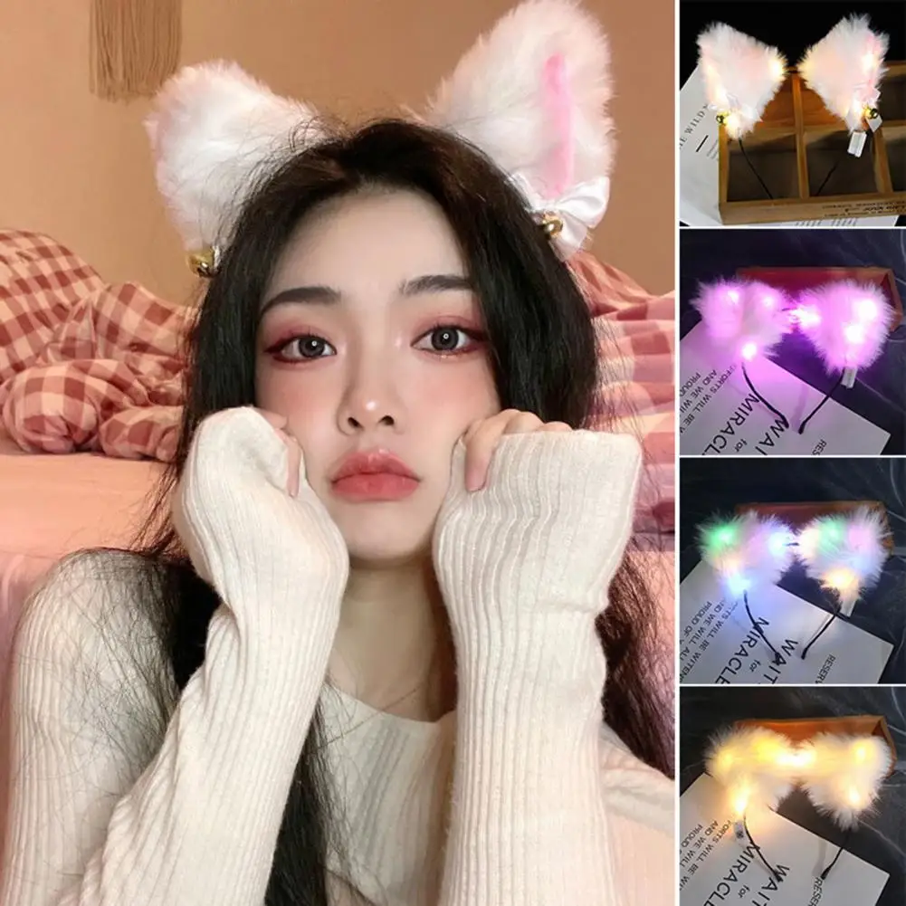 LED Headband with Bell 3-speed Flash Bowknot Design Light-up Plush Glowing Cat Ear Hair Hoop for Party