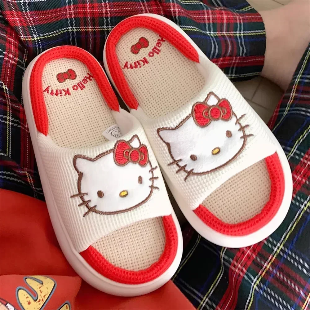 

Льняные тапочки Sanrio Hello Kittys, домашняя обувь для девочек, всесезонная новая стильная модная милая хлопковая и льняная толстая подошва, уличная одежда