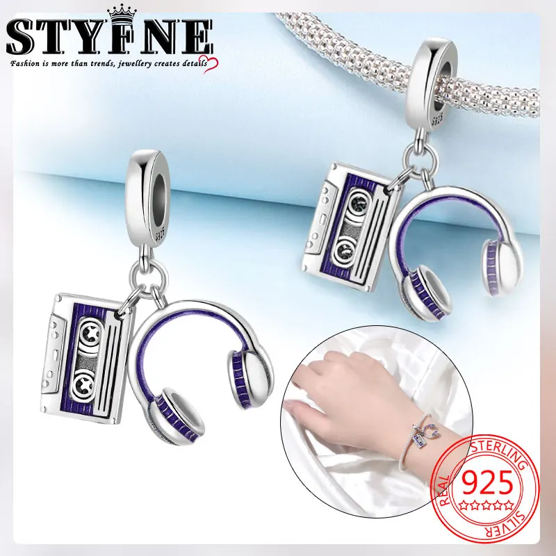 Travel Hobbies 2025 Beads 925 Sterling Silver Blue Headphone Recording Strap Charms for Women's Jewelry DIY Pulseras Gift