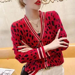 Women Fashion Leopard V-neck Knitted Cardigan Autumn Vintage Chic Elegant Tops Comfortable Loose Casual Sweaters