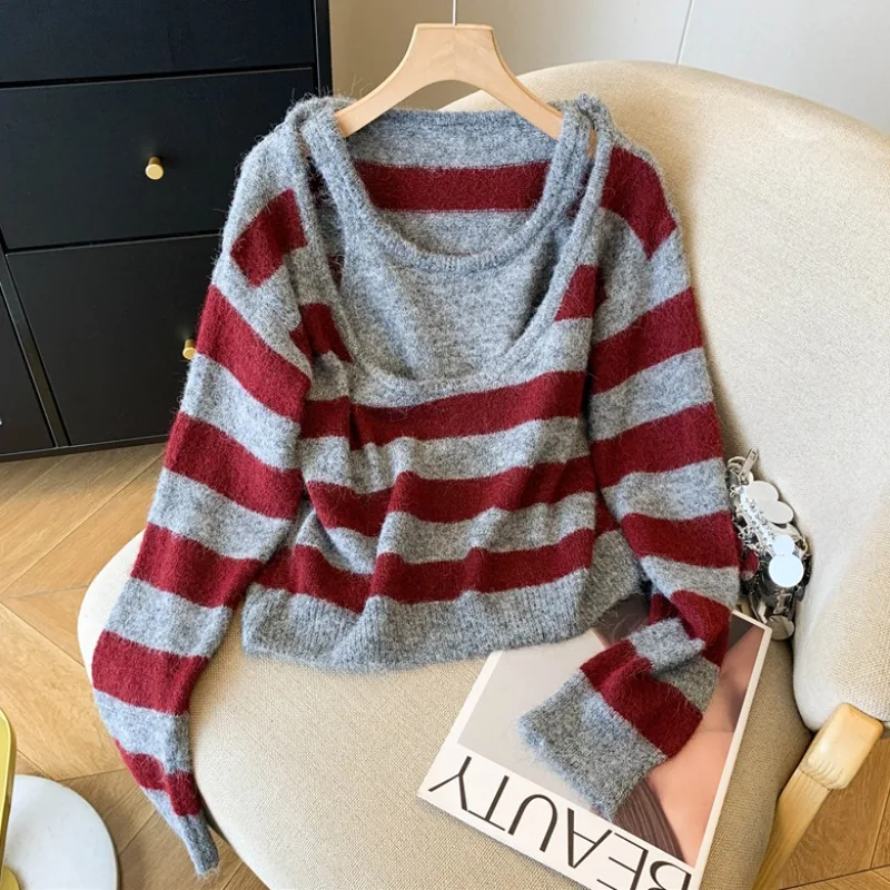 

Свободный вязаный женский свитер Long Sve, американский тренд, цветная блузка в полоску, повседневный осенний ленивый топ из двух предметов