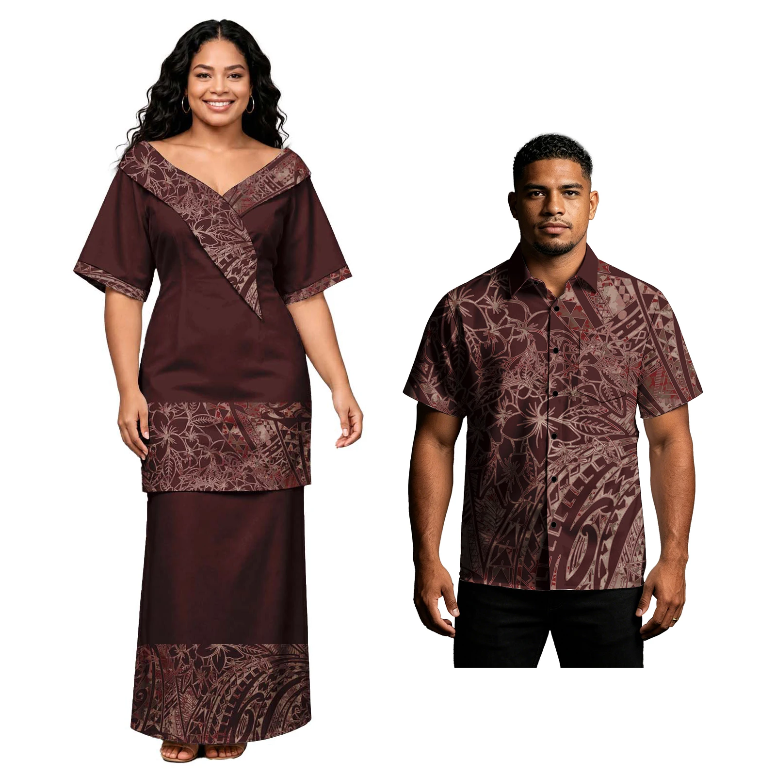 Conjuntos de Pareja con Estampado Tropical Hawaiano para Fiestas, Camisas de Botones Polinesias para Hombre, Diseño Tribal para Mujer, Puletasi Samoano para Iglesia