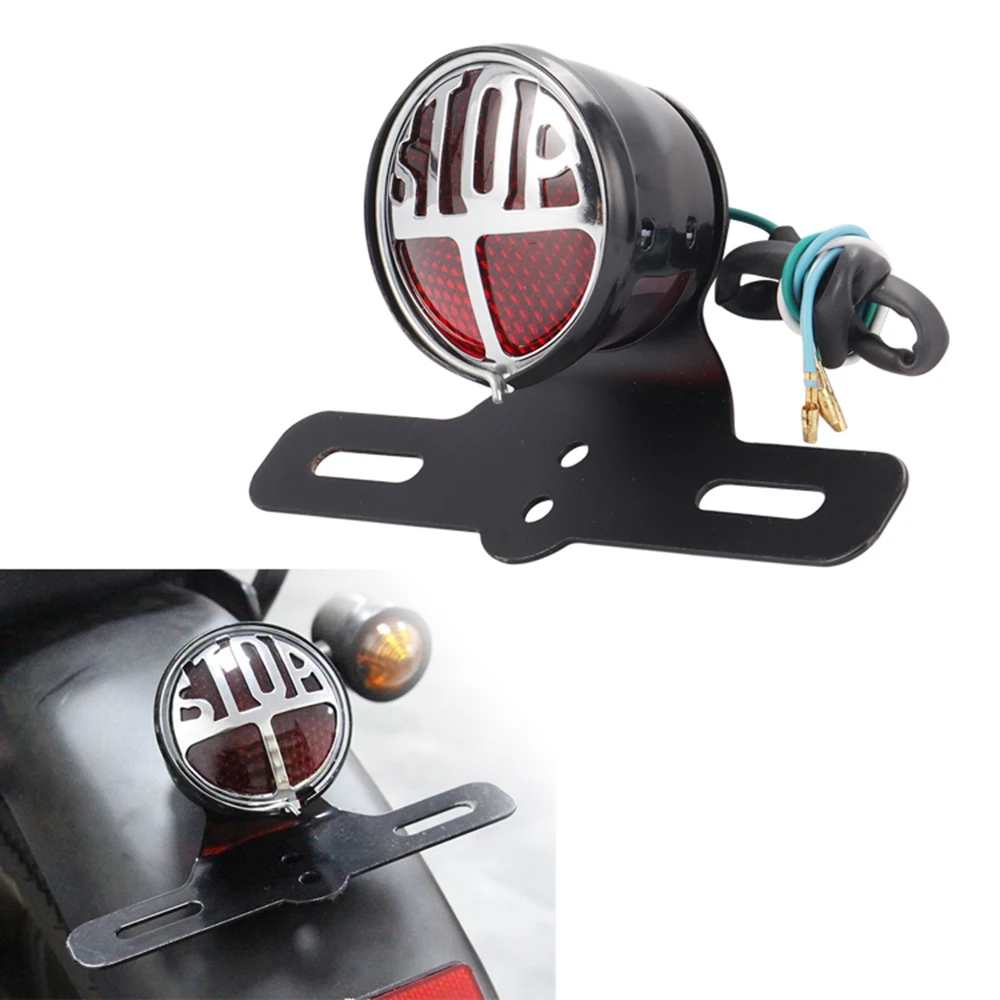 

Motorcycle Round 'Stop' Vintage License Plate Mount Tail Indicator Lamp Brake Light For Harley Bobber Chopper Custom Honda