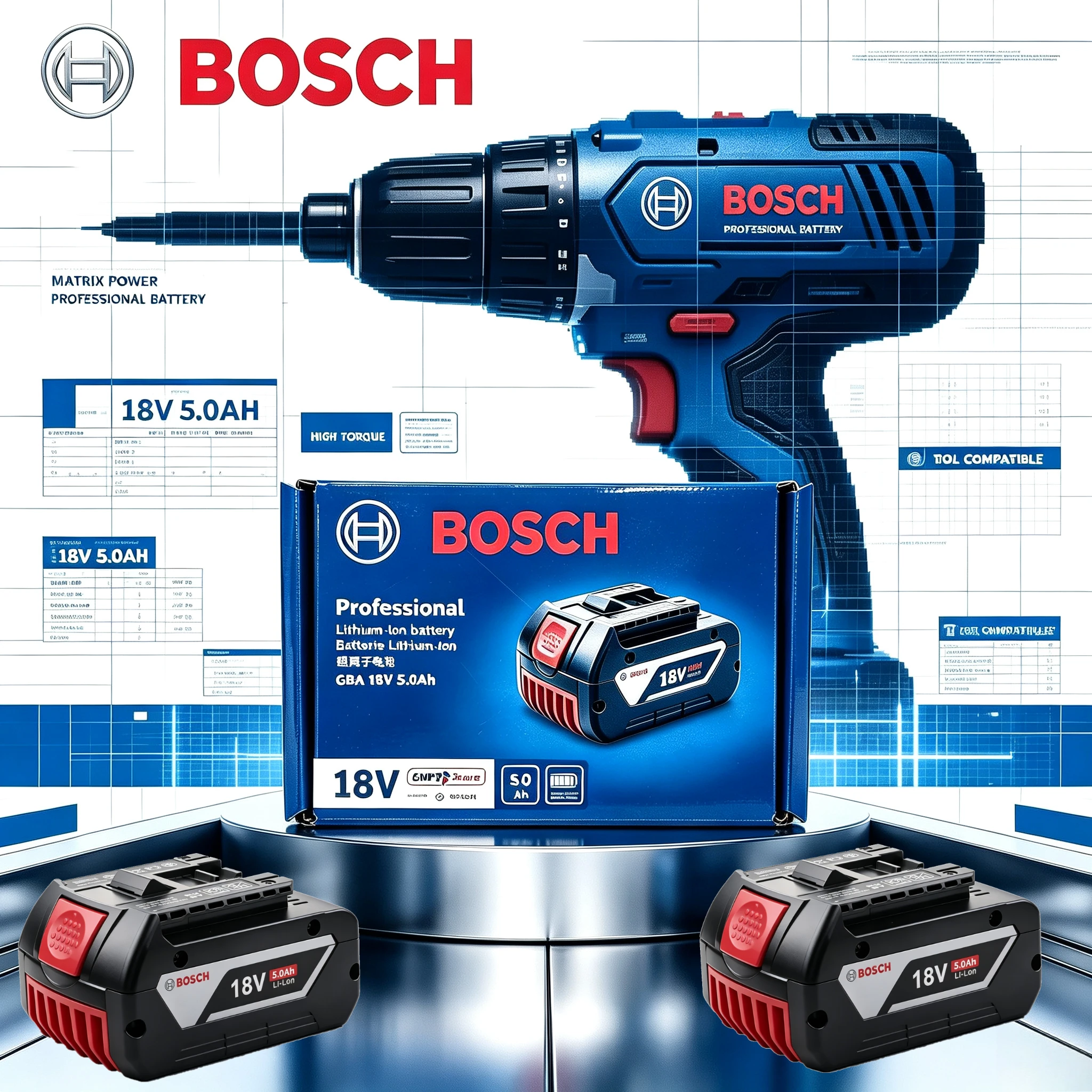 100% NEW Bosch 18V 5.0/6.0Ah Li-ion Battery GBA18V5.0/6.0Ah Fits GSR18V GST18V GBA18V Cordless Drilling Construction Power Tools