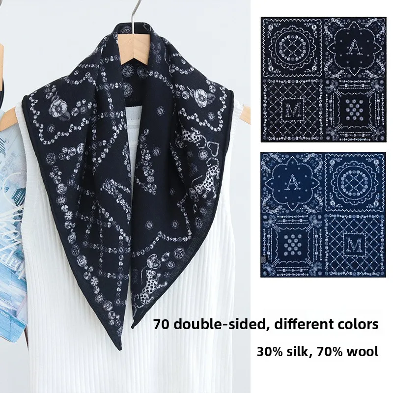 65x65cm Jewelry Letter Square Scarf 70% WOOL 30% MULBERRY SILK Double Sided Different Color Neck Scarf Luxury Bandana Shawl