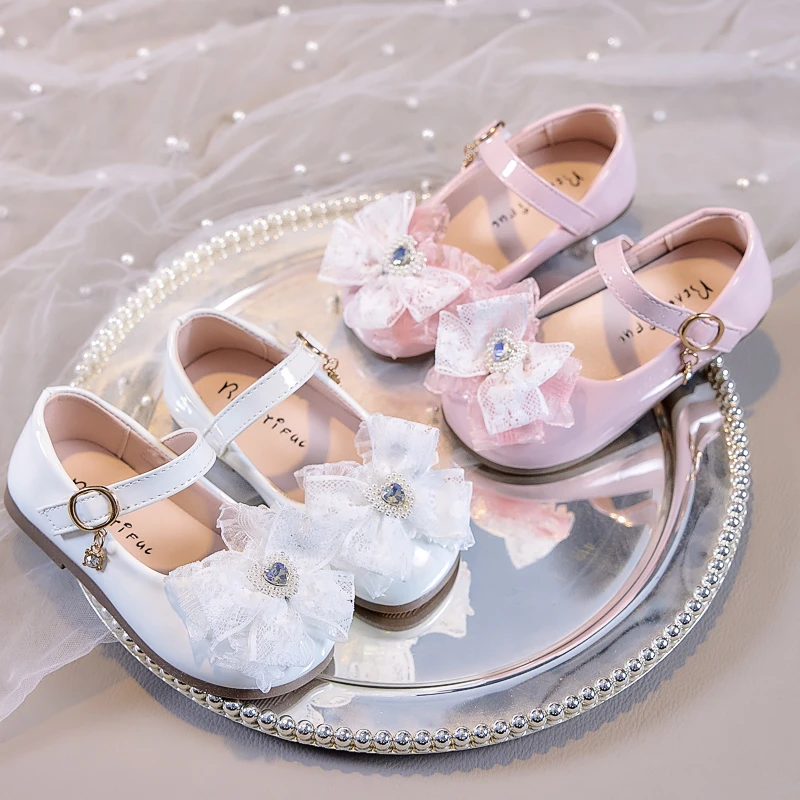 

Girls Mary Jane Shoes Fashion Children Princess Lace Flower Rhinestone Dress Shoes Kids Flats Leather Shoes for Party Wedding