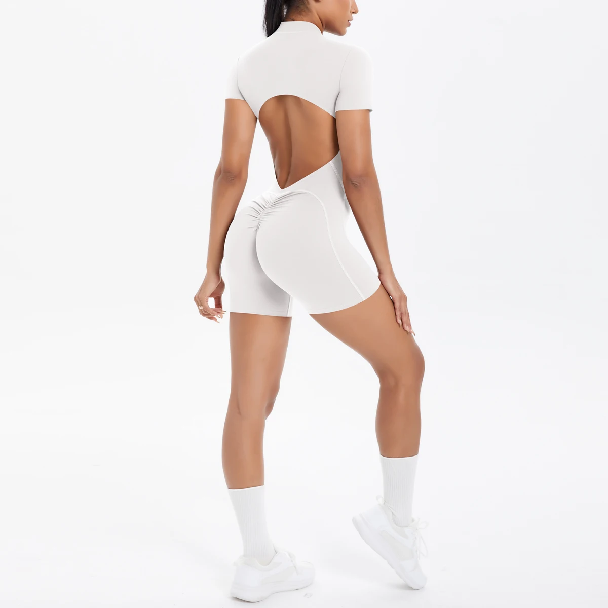 Ausgehöhlter, rückenfreier, kurzärmliger Reißverschluss-Overall für Damen, Overall, Yoga-Anzug, einteilige Legging, kurze Push-Up-Gymnastik-Yoga-Kleidung – Detail 6