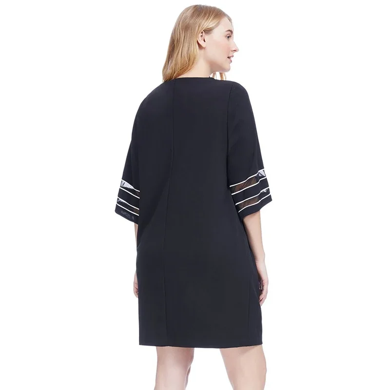 Plus Size 3/4 Sleeve Loose Summer Casual Shift Dress Black And White Elegant Tunic Dress Mesh Panel Large Size Straight Dress