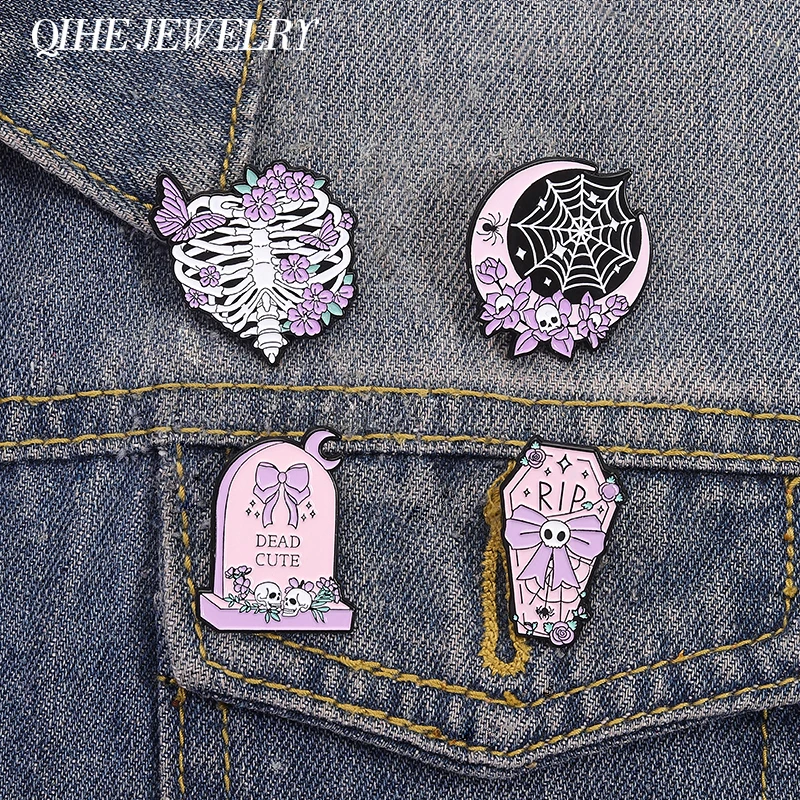 Punk Pastel Goth Tomb Coffin Enamel Pins Dead Cute Tombstone Spider Web Skeleton Brooch Bag Lapel Badge Halloween Jewelry Gifts