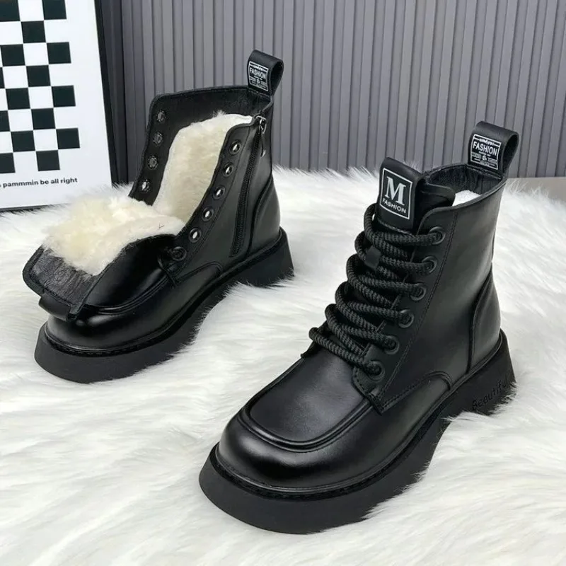 

Winter Women's Boots Thick Plush Warm Snow Boots Lace Up Ankle Boot Fashion Casual Leather Boots for Women High Top Cotton Botas