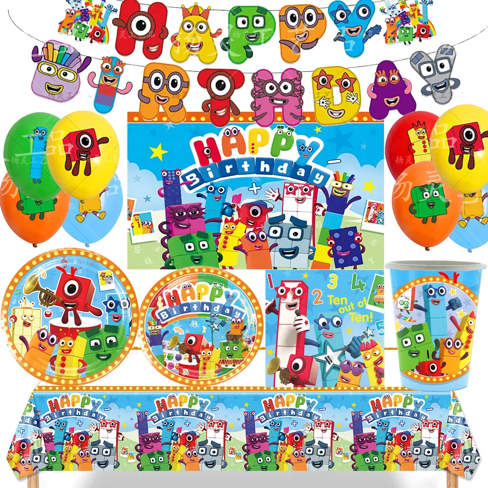

Cartoon Cute Number Building Blocks Background Birthday Party Decorate Disposable Tableware Banner Baby Puzzle Photography Props