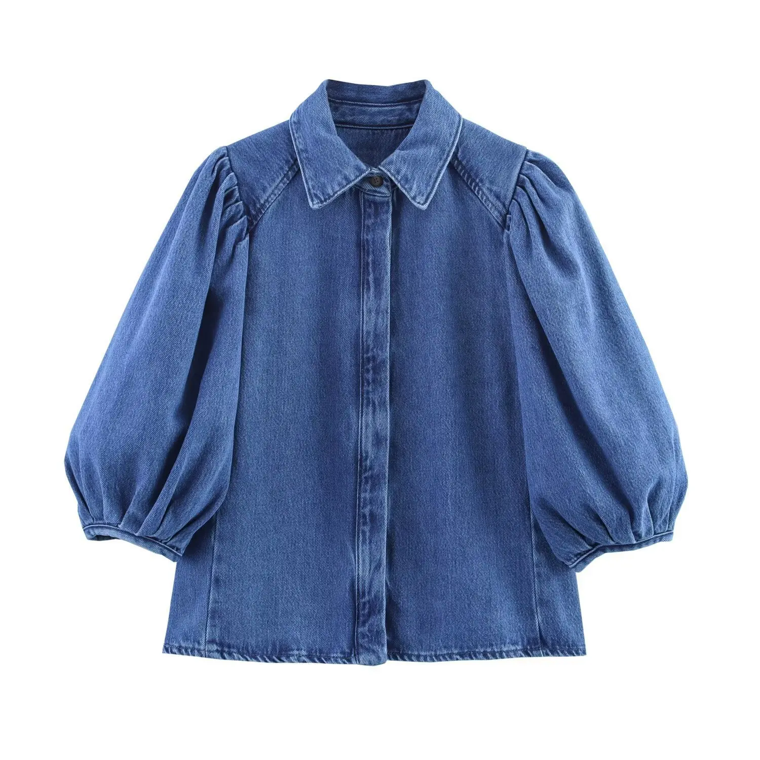

Blouse Fashion Women's Denim Shirt Fashion Turn Down Collar Single-breasted Lantern Sleeve Loose Top Retro Versatile Shirts