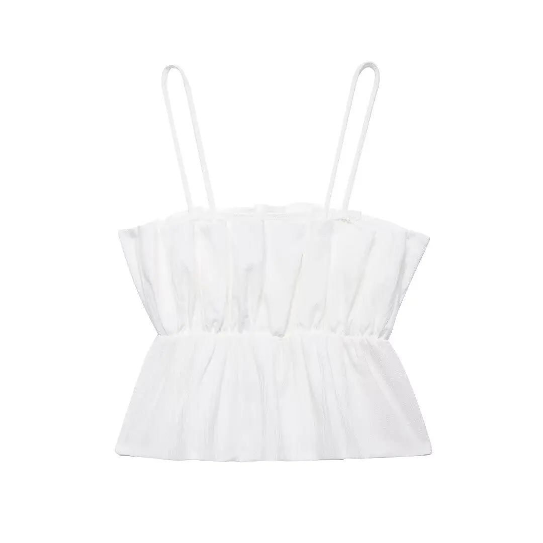 Tangada 2024 Summer Women White Pleated Crop Tank Female Backless Camis 3H0499