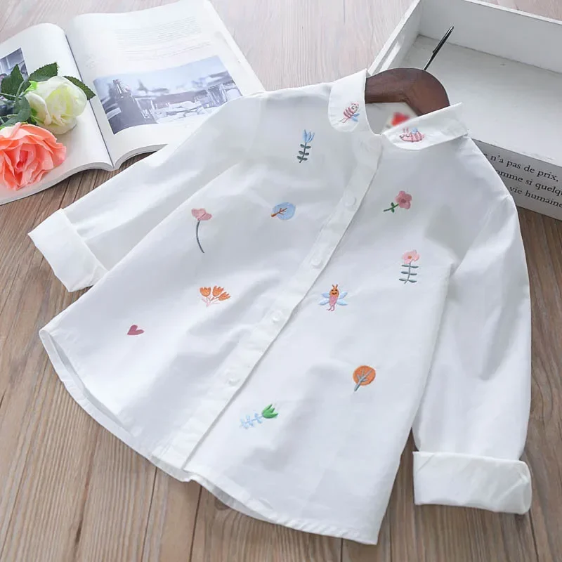 100% cotton White Girls Blouses Long Sleeve Autumn 2023 Kids Clothes Girls 8 10 12 Cartoon Fox Embroidery Tops School Shirts