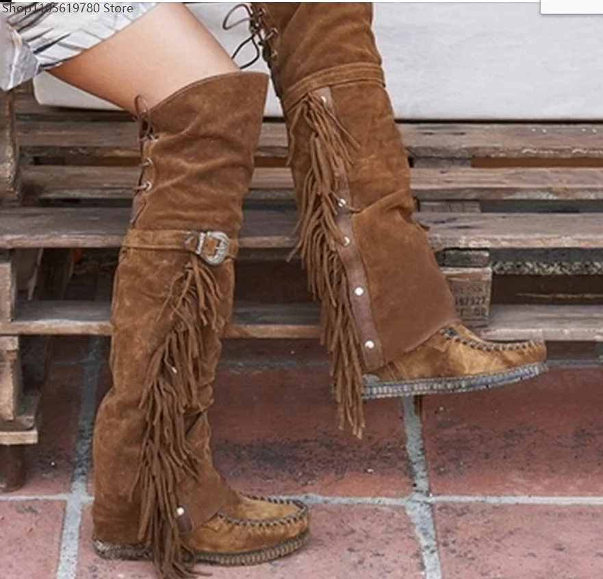 Women Suede Tassel Over Knee Tall Boots 2026 New Autumn Winter Plus Size 35-43 Shoes Ideal For Holiday Cosplay Carnival Wear