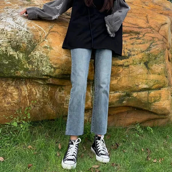 

High Waist Denim Jeans Women's Spring Summer Thin Straight Vintage Blue Small Size Nine Points Loose Slimming Frayed Hem