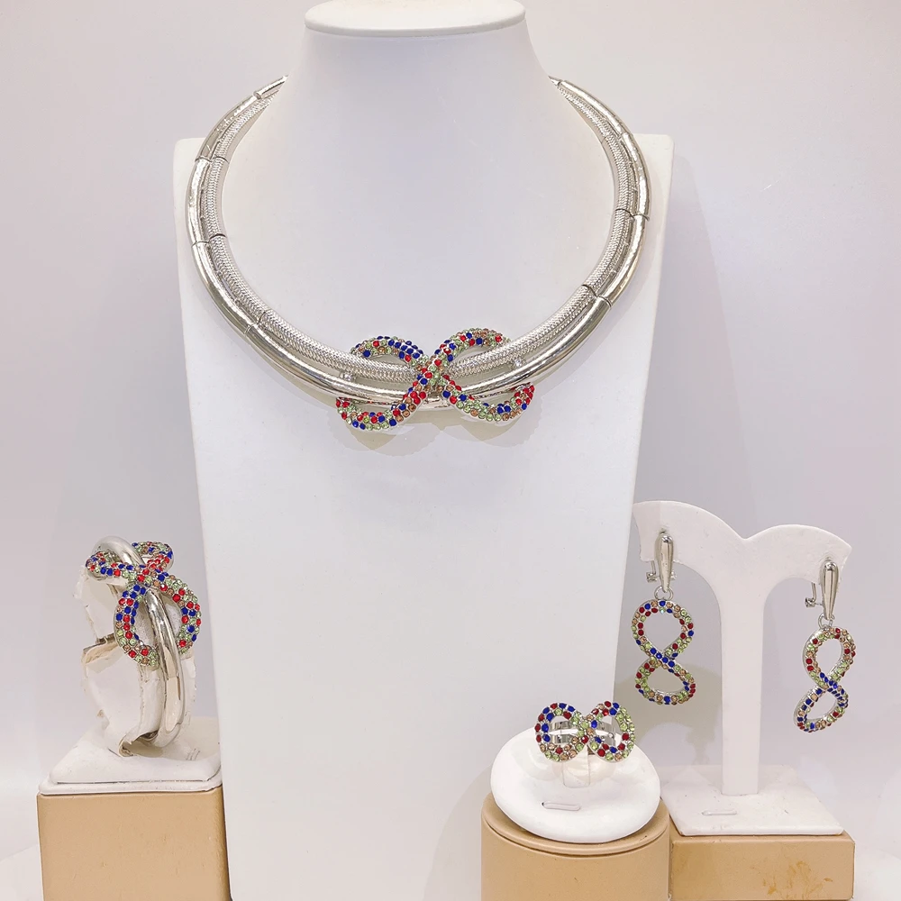 

Italy new silver women's jewelry set high quality design fashion necklace earrings ring bracelet banquet party gift