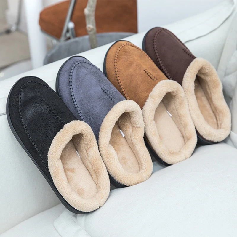 

Men's Slippers Home Winter Indoor Plush Warm Shoes Thick Bottom Plush Waterproof Leather House Slippers Man Suede Cotton Shoes