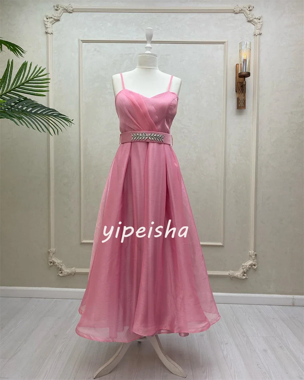 Customized Chiffon Sequined Ruched Graduation A-line Square Neck Bespoke Occasion Gown Midi Dresses