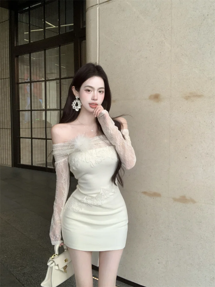 Spring Season Women's Lace Splice Long Sleeve Dress Slim Fit Waist Cinch Short Skirt Pure Desire Bodycon Dress Commute Style