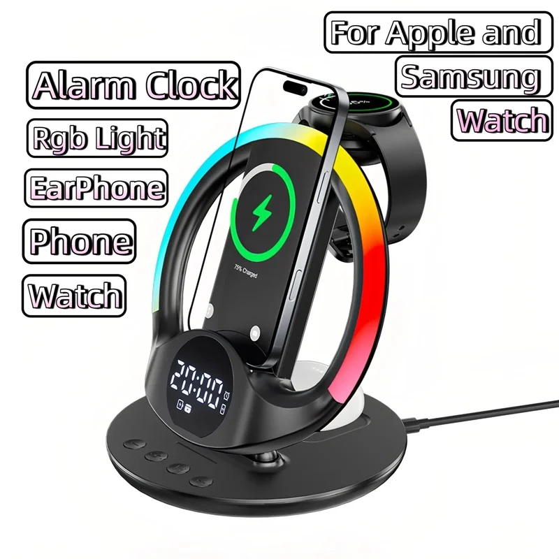 iphone-samsung-携帯電話、iwatch-galaxy-watch、airpods-buds-用の-rgb-アンビエントライトと目覚まし時計ステーションを備えた-6-in-1-ワイヤレス充電器