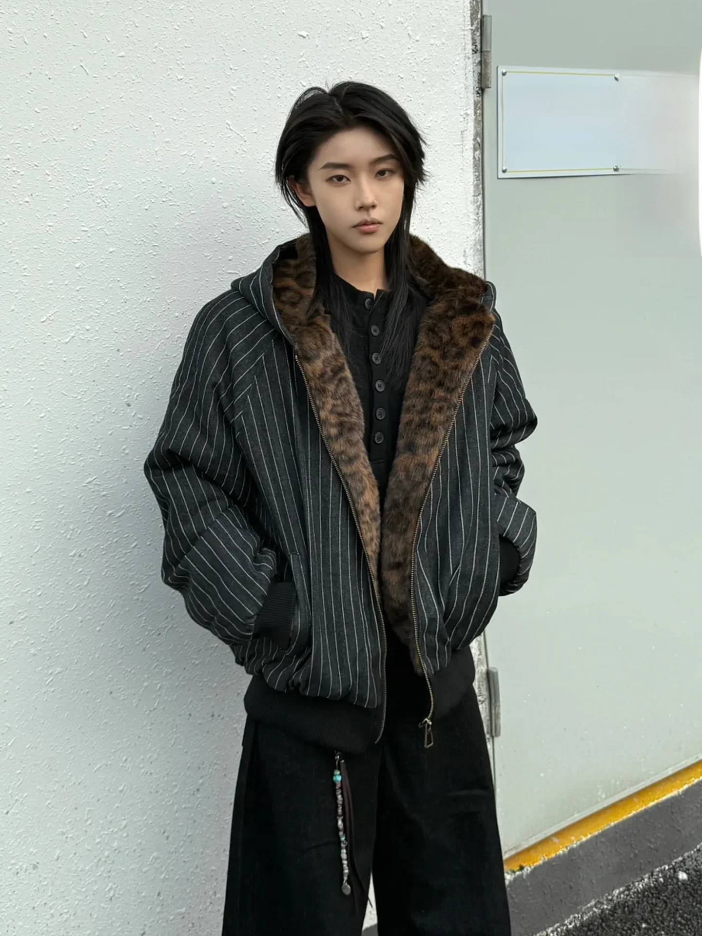 

American Sle Hooded Denim Jaet Cotton Coat Leopard Print Velvet Warm Youth Faion Loose Fit Long Sve Zipper Closure