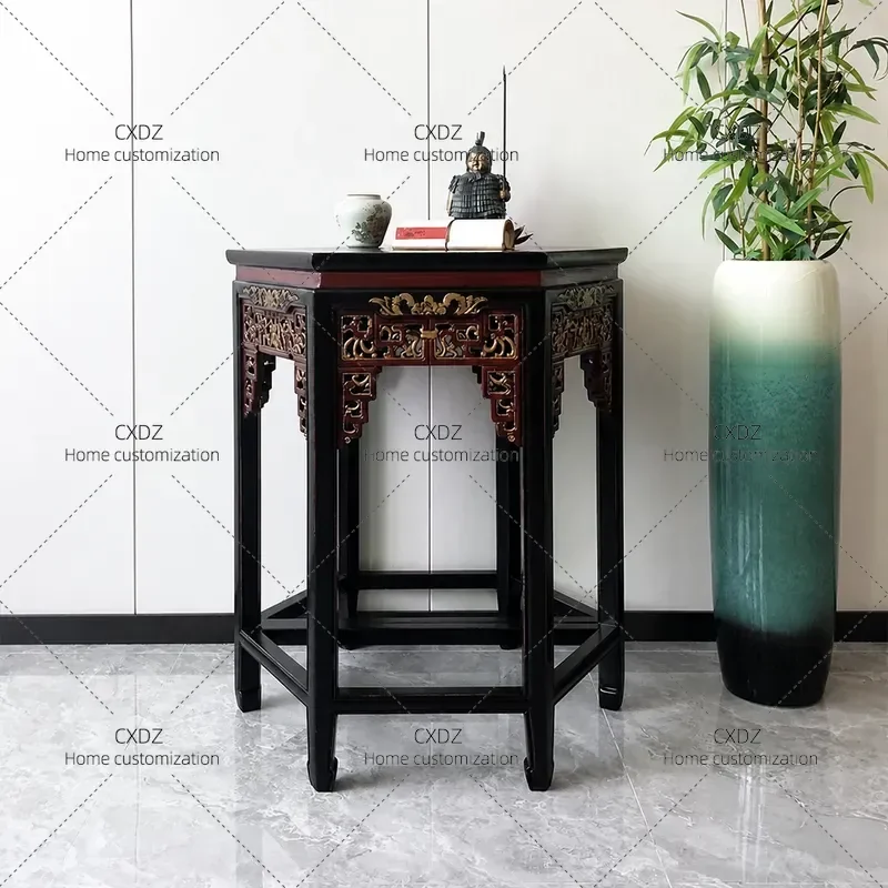 Ming Qing Style Solid Wood Carved Hexagonal Half Moon Table Chinese Antique Crescent Console Table for Entrance Hallway Decor