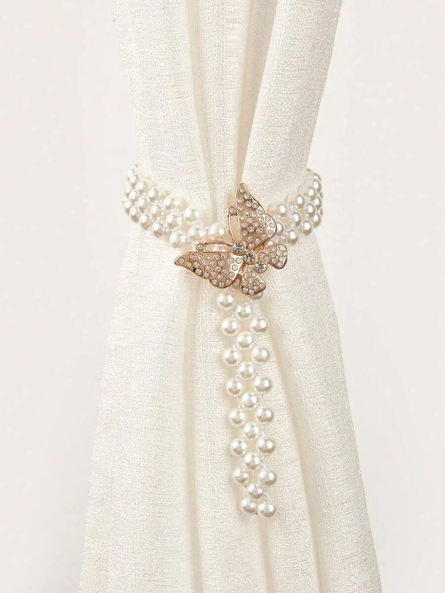 1pc Butterfly & Faux Faux Pearl Decor Curtain Tie Backs, Modern Plastic Home Window Curtain Holder