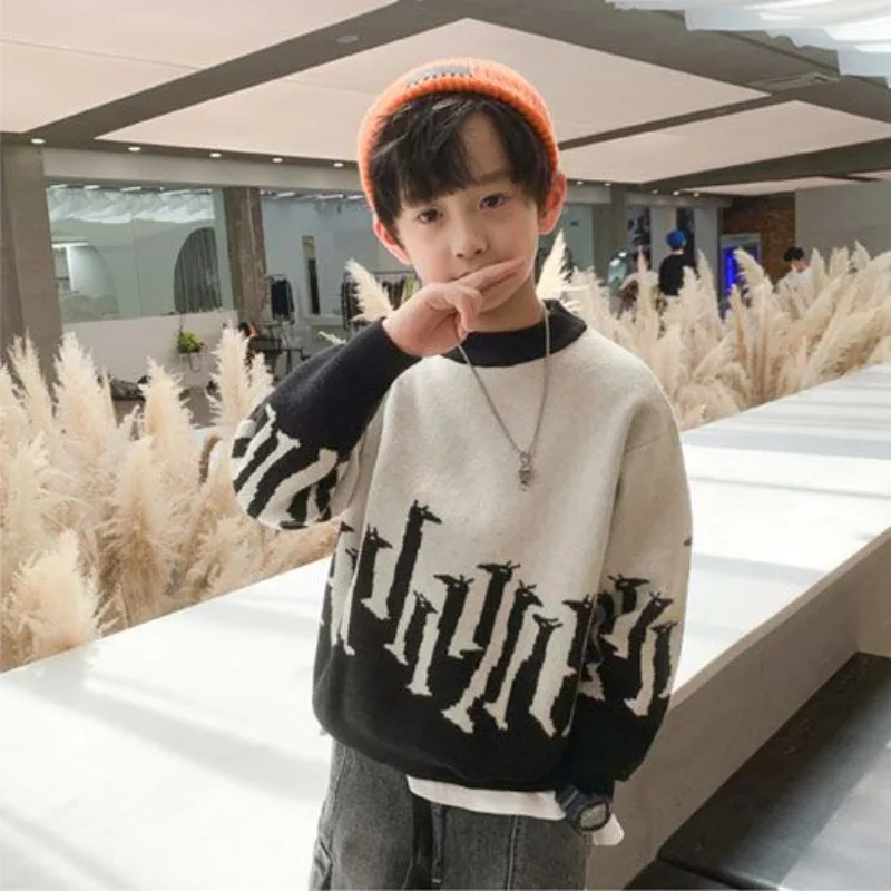 

Boys' Korean Style Oversized Sweater 2025 New Autumn Winter Cozy Knit Striped Design Kids' Thickened Thermal Wear