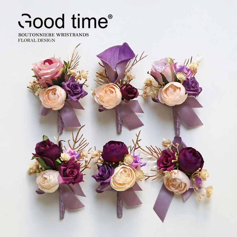 GT Silk Corsages Boutonnieres Wedding Decoration Marriage Rose Wrist Corsage Pin Boutonniere Flowers for Guests Purple