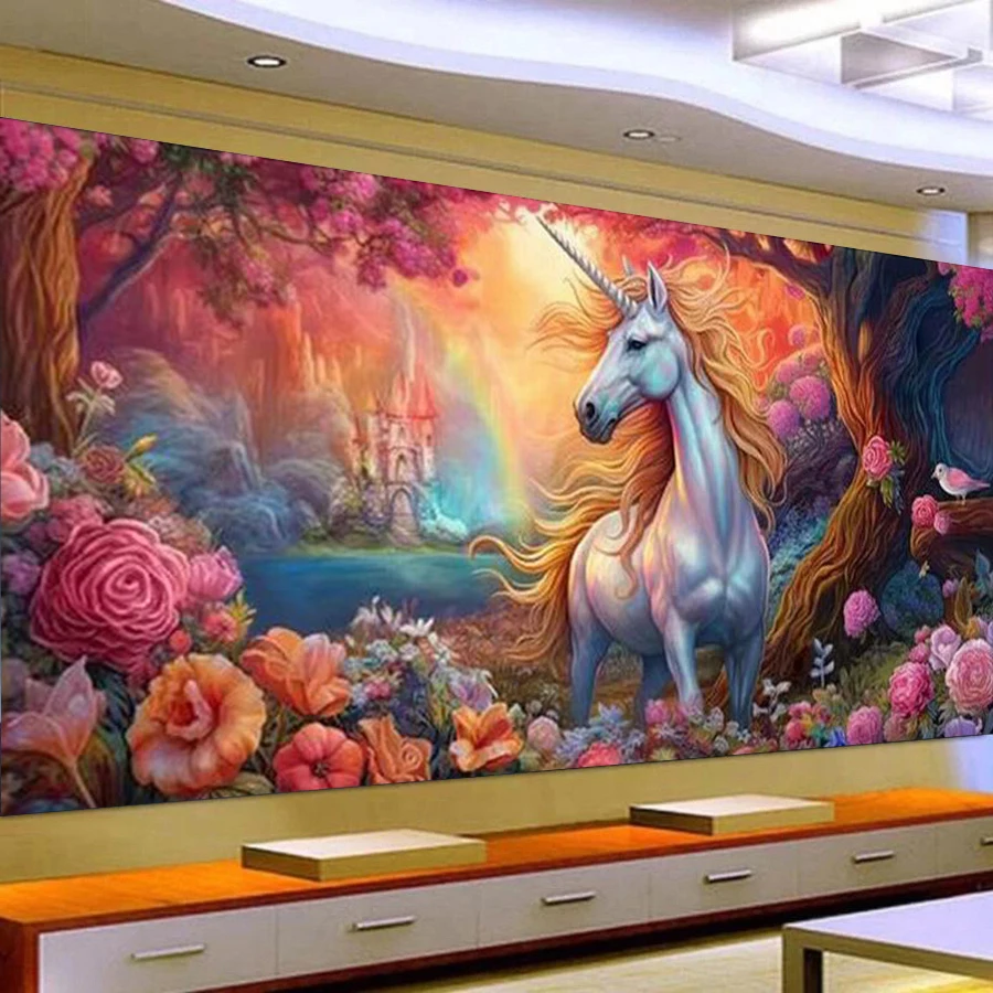 Fullcang Large Size Diy Diamonds Painting Cross Stitch Kits Rainbow Unicorn Full Mosaic Embroidery Animals Picture Wall Decor