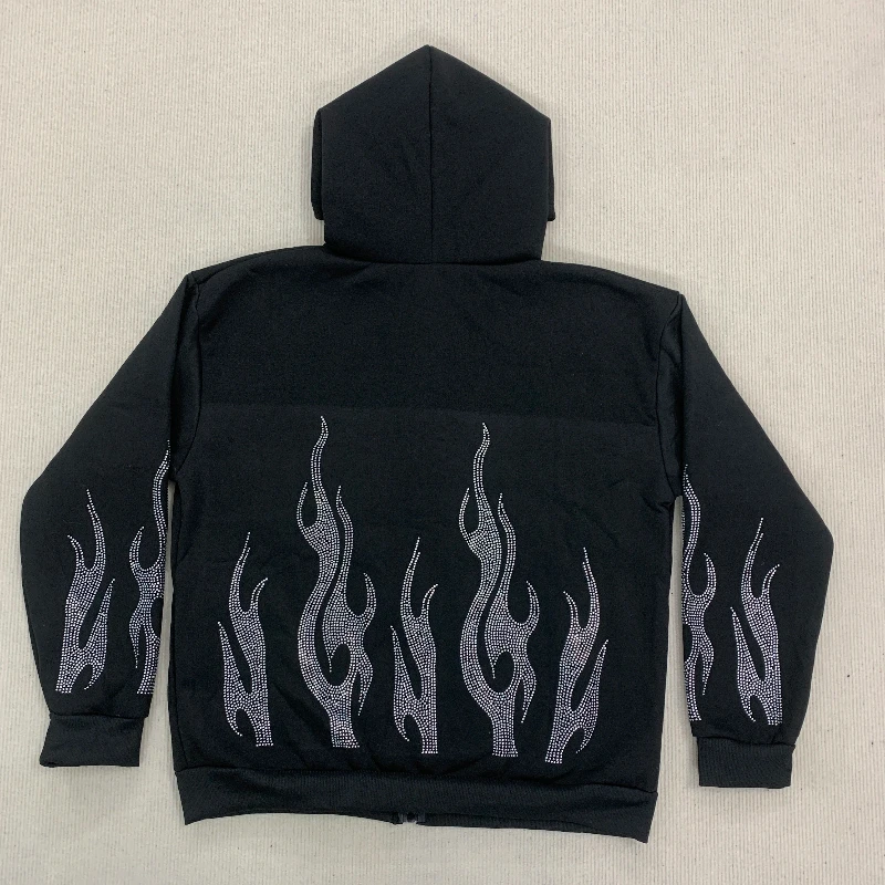 Flamme Muster Strass Mode Lässig Hoodies Gothic High Street Schwarz Vintage Trend Frauen Lange Sleeve Zipper Strickjacke Mantel