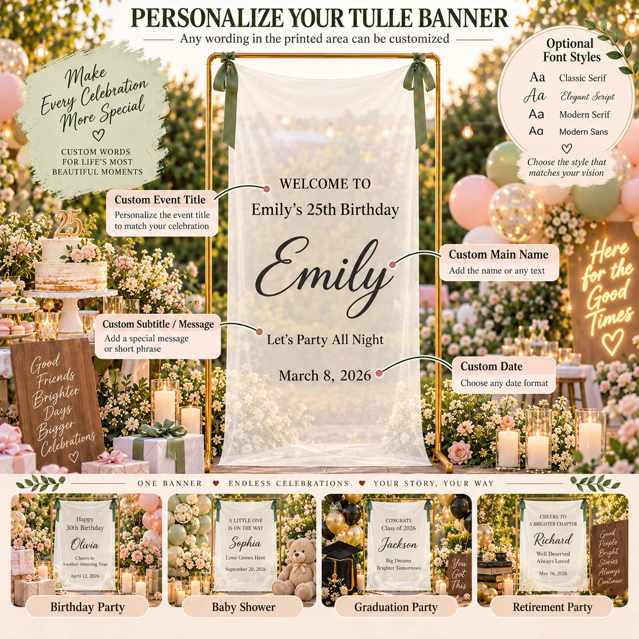 Custom Transparent Decorative Mesh Multi-Size Personalized Party Decor for Celebration Backdrop Table Banner Event