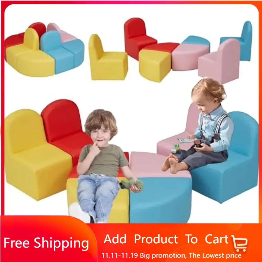 

Kids Sofa Seating Set Convert to Table and 4 Chairs Colorful Stools for Toddlers Soft Foam Play 8 PCs Set for Classroom