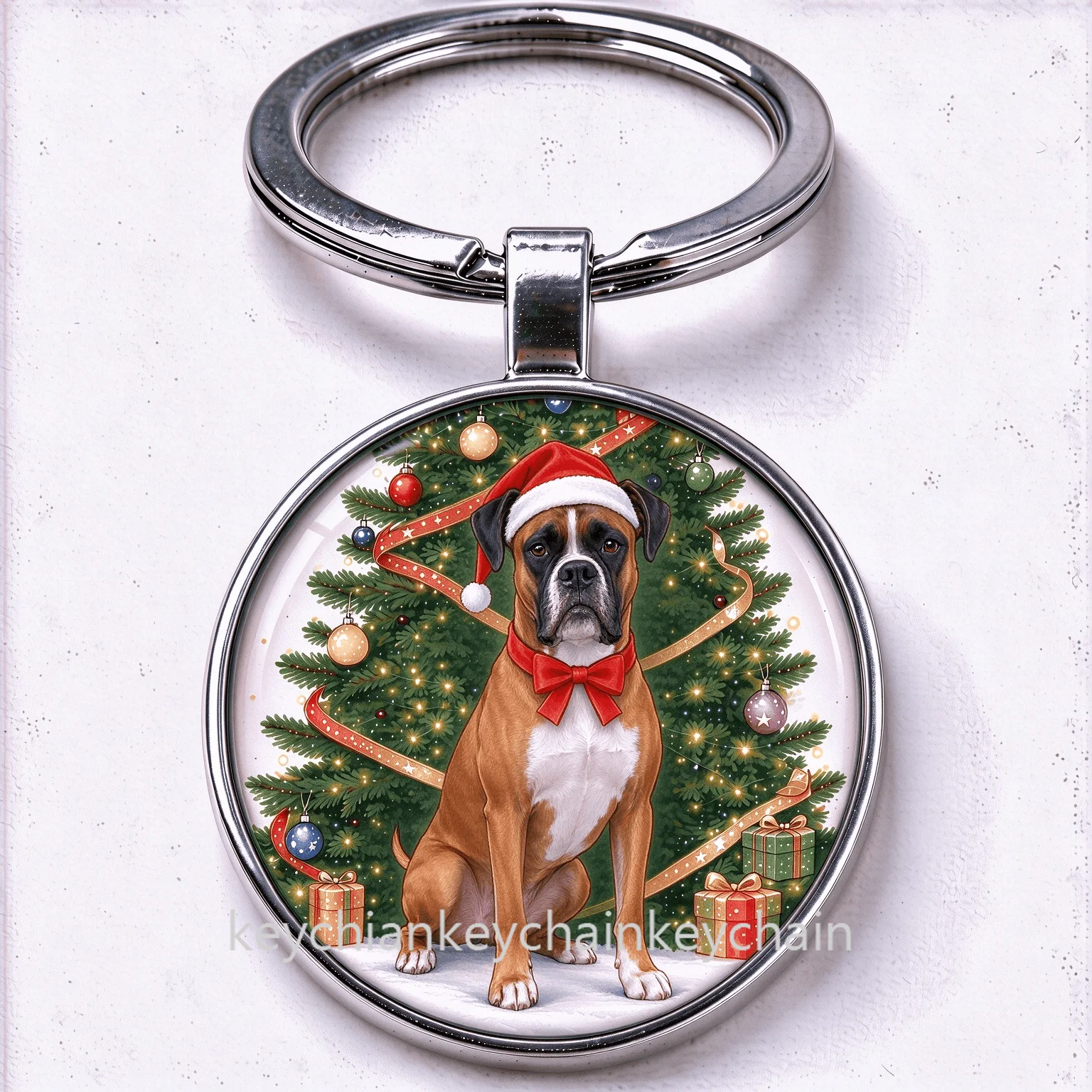 Cute Christmas Boxer Dog Key Chain Round Keyring Cute Puppy Christmas Holiday Present for Pet Fans